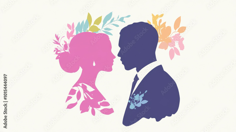 Silhouette of a bride and groom with floral accents in pink, blue, and yellow. Silhouette of a bride and groom with floral accents in pink, blue, and yellow.