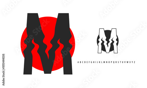 Letter M silhouette on red sun, twisting alphabet. Japanese logo for sushi roll restaurant logo, asian cultural event logotype. Vector logo and typeset