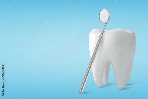 Vector 3D Realistic Tooth and Dental Mirror for Teeth Closeup Isolated on Blue Background. Medical Dentist Tool. Design Template, Clipart, Mockup. Dentistry, Healthcare, Hygiene Concept