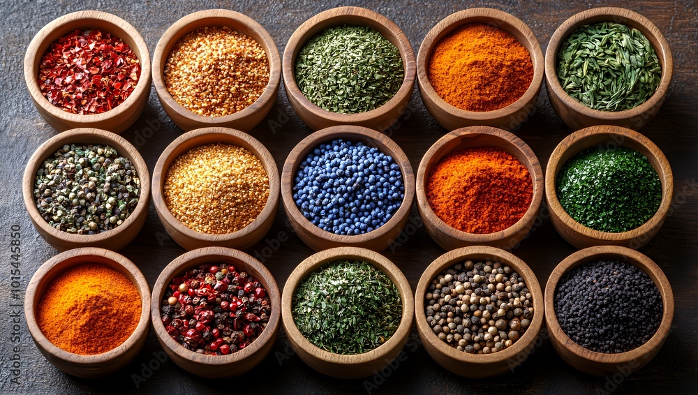 Assortment of different spices in small wooden bowls on rustic background. Assortment of different spices in small wooden bowls on rustic background.