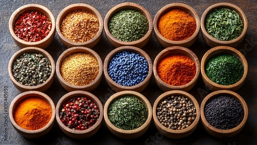 Assortment of different spices in small wooden bowls on rustic background.