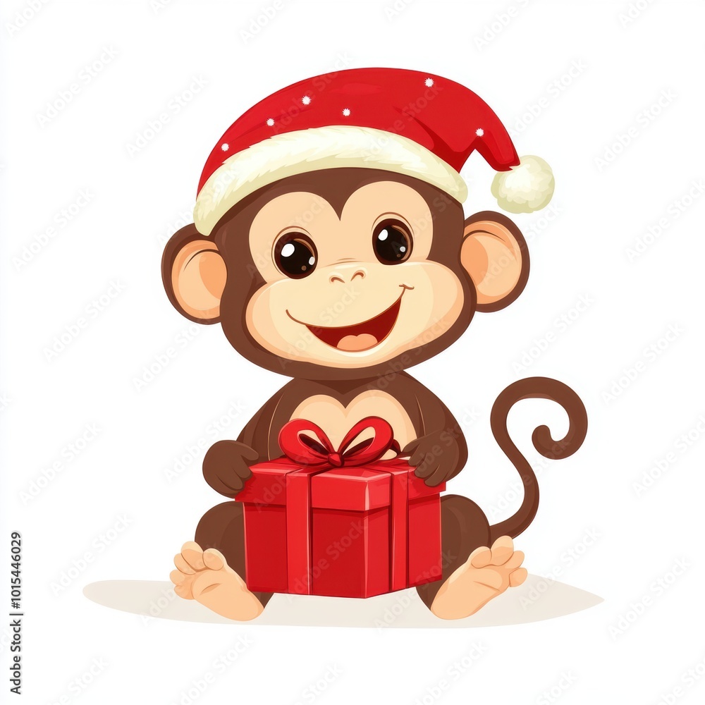 Cute monkey wearing Christmas cap holding a gift box isolated over white background. Cute monkey wearing Christmas cap holding a gift box isolated over white background.