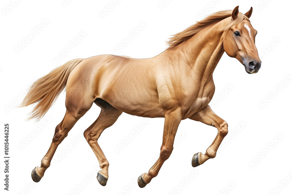 Obraz premium A golden horse galloping gracefully across a bright background in an energetic display of movement and beauty