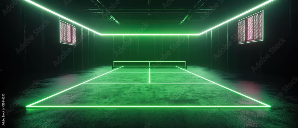 Obraz premium A futuristic tennis court lit with neon green lights, featuring a sleek design and dark walls.
