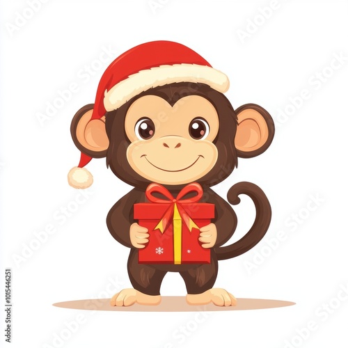 Cute monkey wearing Christmas cap holding a gift box isolated over white background.