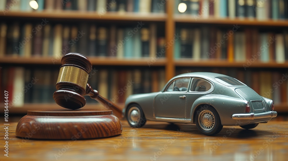 Model car beside court gavel representing legal matters in auto industry Model car beside court gavel representing legal matters in auto industry