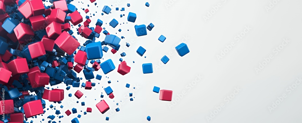 Abstract 3D rendering of red and blue cubes exploding on a white background. Abstract 3D rendering of red and blue cubes exploding on a white background.