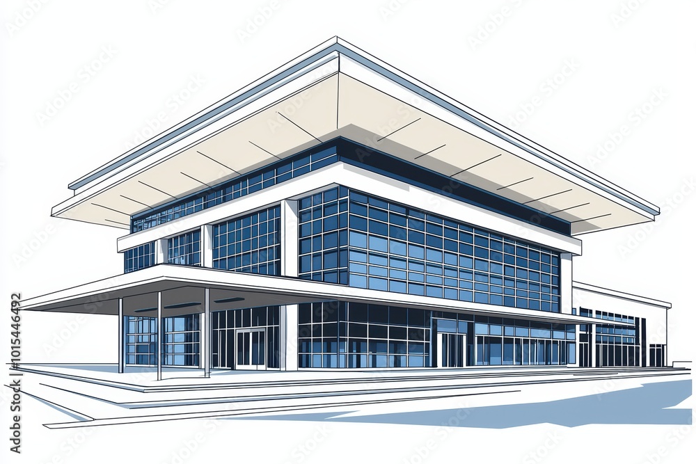 A modern architectural design featuring a sleek glass facade and large overhanging roof against a white background. A modern architectural design featuring a sleek glass facade and large overhanging roof against a white background.