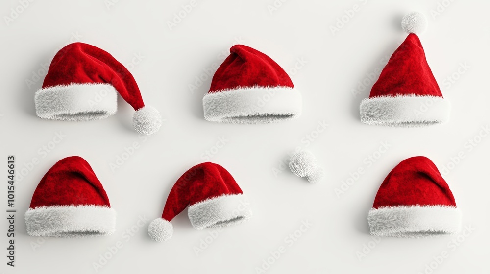 Red Santa Claus hat with different angles in white background using 3D rendering technology. Red Santa Claus hat with different angles in white background using 3D rendering technology.