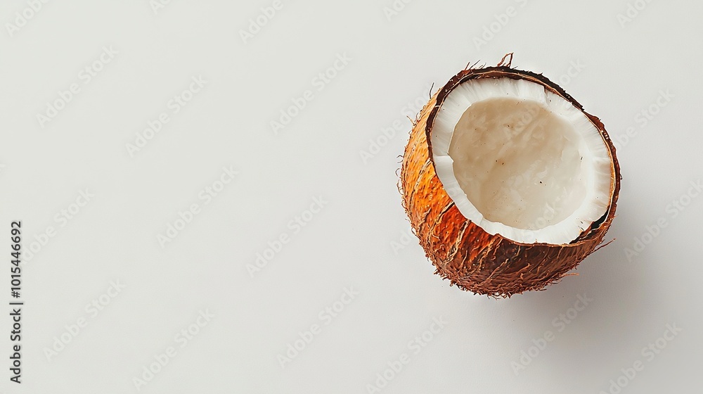 A whole coconut atop a table beside a halved portion of its peel A whole coconut atop a table beside a halved portion of its peel