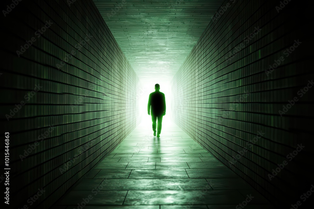 A solitary figure walks towards a bright green light at the end of a dark corridor, symbolizing hope and discovery. A solitary figure walks towards a bright green light at the end of a dark corridor, symbolizing hope and discovery.