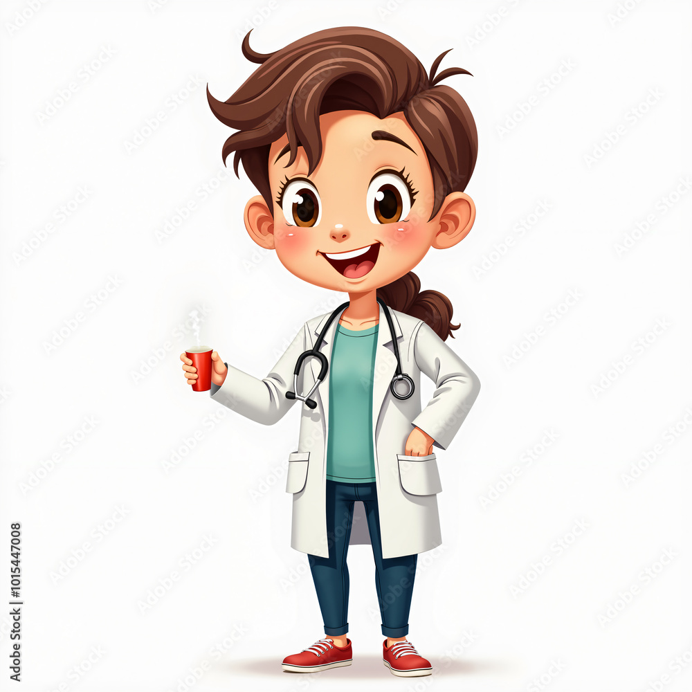 Cartoon of a female doctor, standing and smiling while holding a red cup in her right hand. Cartoon of a female doctor, standing and smiling while holding a red cup in her right hand.