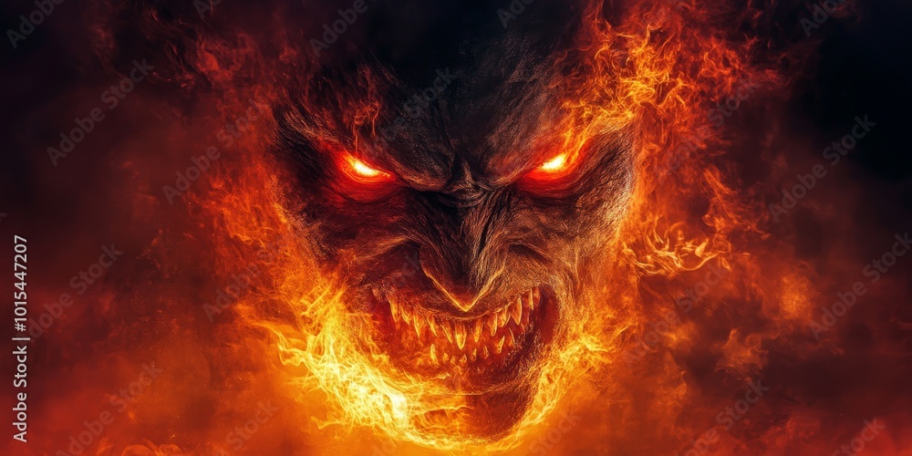 Fierce fire demon engulfed in flames with glowing eyes in dark realm Fierce fire demon engulfed in flames with glowing eyes in dark realm