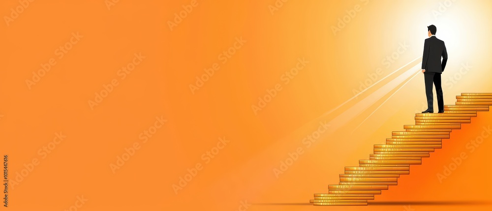 Businessman standing on steps towards success, with a bright orange background and light shining on ascending stairs. Businessman standing on steps towards success, with a bright orange background and light shining on ascending stairs.