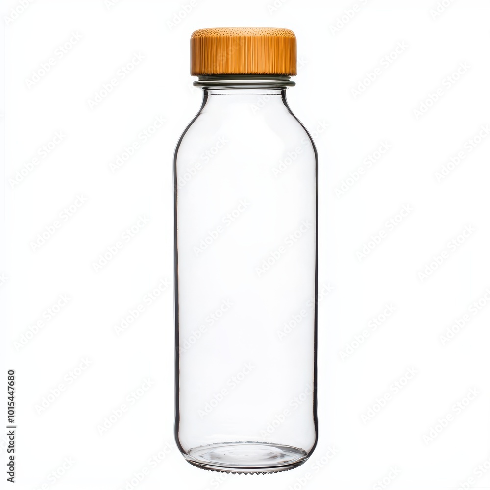 Clear glass bottle with a natural bamboo lid, perfect for beverage storage. Clear glass bottle with a natural bamboo lid, perfect for beverage storage.