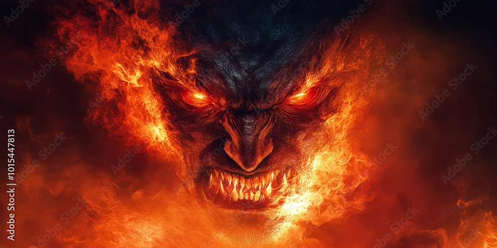 Fototapeta premium Fierce fire demon engulfed in flames with glowing eyes in dark realm