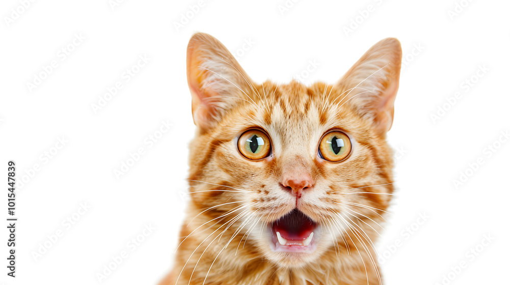 Obraz premium a close-up of an orange tabby cat with wide, yellow eyes and an open mouth. The cat's expression appears to be one of surprise or shock