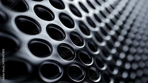 Closeup of a perforated metallic background, with circular perforated holes texture. Abstract dark steel background.