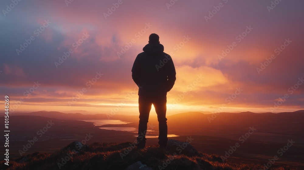 A lone figure on a hilltop contemplates the vibrant sunset, his silhouette contrasting with the colorful sky, evoking feelings of courage and hope A lone figure on a hilltop contemplates the vibrant sunset, his silhouette contrasting with the colorful sky, evoking feelings of courage and hope