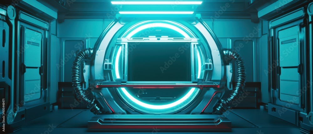 Futuristic control room with glowing blue neon lights and a central display screen. Futuristic control room with glowing blue neon lights and a central display screen.