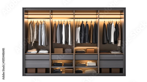 A well-organized wardrobe featuring neatly hung clothes and refined storage options, designed for efficient space utilization photo