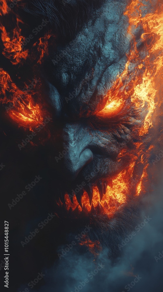 Fototapeta premium Fierce fire demon engulfed in flames with glowing eyes in dark realm