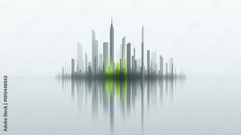 Fototapeta premium Futuristic skyline reflection on water, showcasing modern architecture and serene atmosphere.