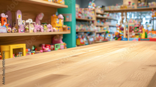 simple wooden background, counter in a toy store. place for text. blurred background with shelves on which lie bright children's toys