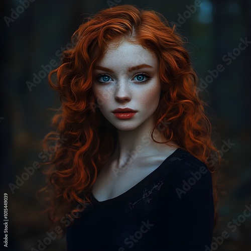 a pretty woman in her mid twenty’s. She has long bright red curly hair and blue eyes. Her skin is pale and soft. She wears a black skater dress and is standing in the woods at night. The light is dimm