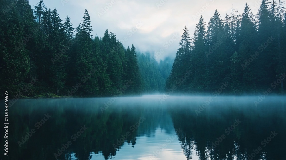 Fototapeta premium A tranquil misty lake surrounded by tall evergreen trees.