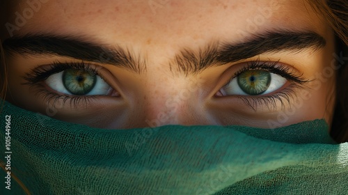 Close up of a woman's face, eyes with green iris, covered with a green fabric.