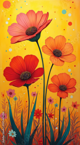 Wallpaper Mural Bunte Blumen vor gelbem Hintergrund mit künstlerischem Design Torontodigital.ca