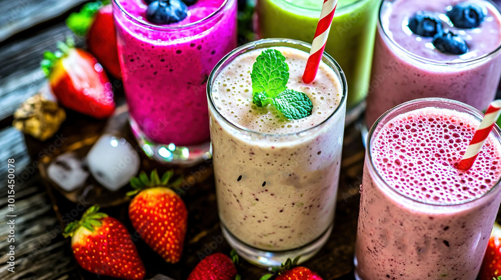 A cluster of smoothies resting atop a table beside strawberries and a cup with a straw A cluster of smoothies resting atop a table beside strawberries and a cup with a straw