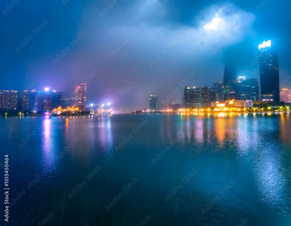 Fototapeta premium city skyline at night with mist in the far distance