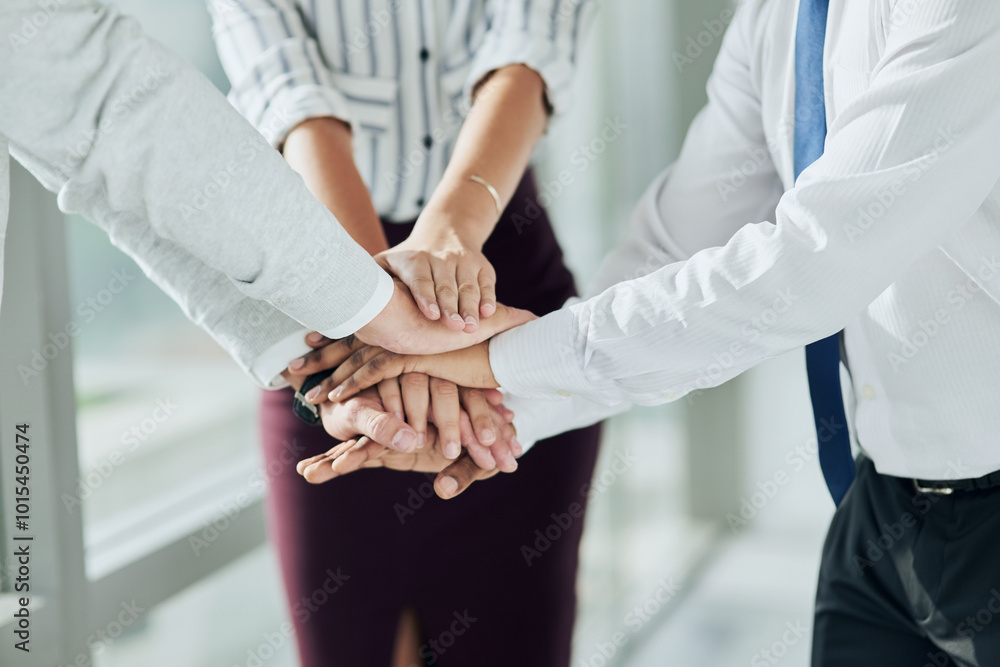 Fototapeta premium Business people, hands together and collaboration for agreement, motivation or office support. Group, employee and workers hand pile for team building, solidarity or partnership meeting for goals