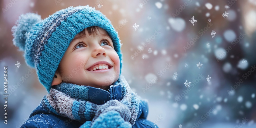 Child enjoying winter snow in blue knit hat and scarf Child enjoying winter snow in blue knit hat and scarf
