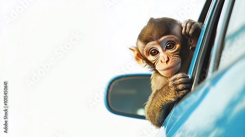   A monkey poking its head through a car window