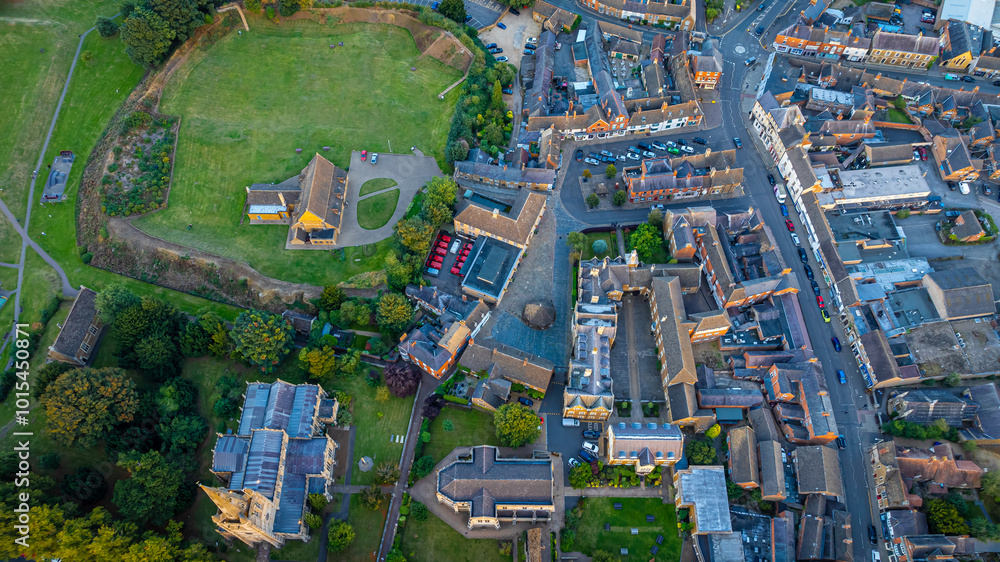 Fototapeta premium Aerial view of All saint church in Oakham, a market town and civil parish in Rutland in the East Midlands of England