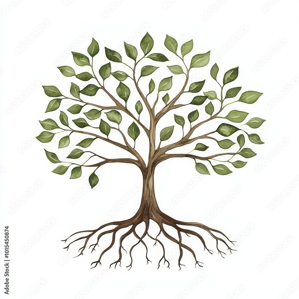 Fototapeta premium A beautiful, detailed illustration of a tree with green leaves and exposed roots on a white background.