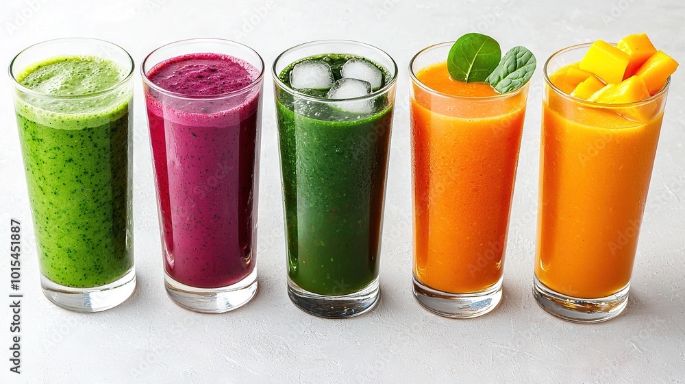 A set of four glasses, each containing distinct smoothie varieties stacked atop one another A set of four glasses, each containing distinct smoothie varieties stacked atop one another