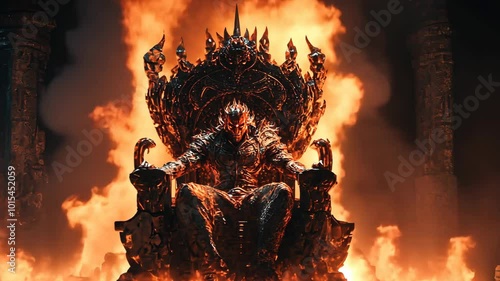 A figure sits on a fiery throne, engulfed in flames, showcasing the intensity of the scene