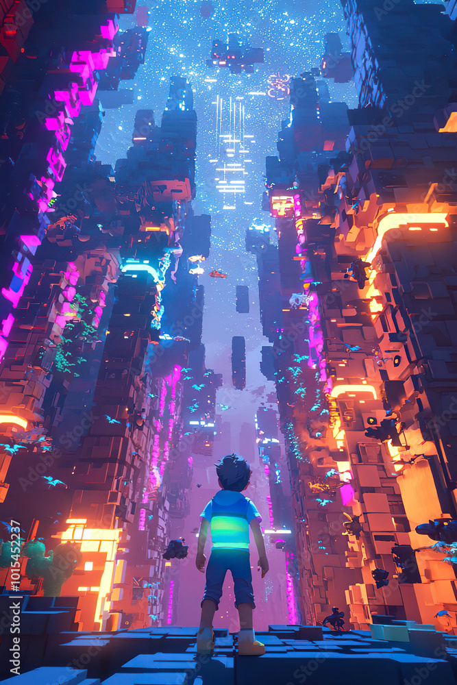 Obraz premium Boy standing in awe before a neon-lit futuristic cityscape at night. AI-generated