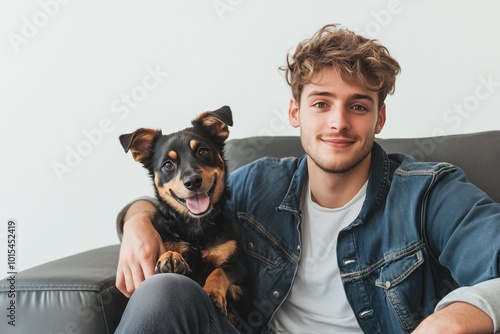 A young man smiles while sitting on a couch with his happy dog in a cozy living room during the afternoon photo