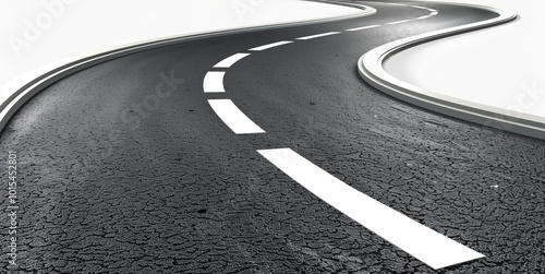 A winding asphalt road curves through a tranquil landscape on a clear day, inviting travelers to explore the journey ahead photo