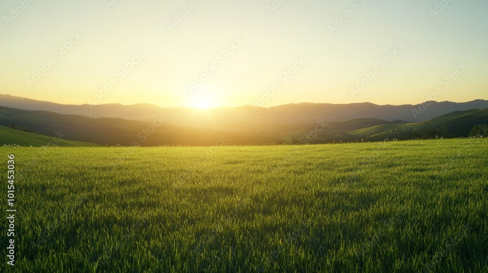 Rolling green hills extend into the distance as sunlight bathes the landscape, creating soft shadows. Wildflowers add subtle color to this serene countryside vista Rolling green hills extend into the distance as sunlight bathes the landscape, creating soft shadows. Wildflowers add subtle color to this serene countryside vista