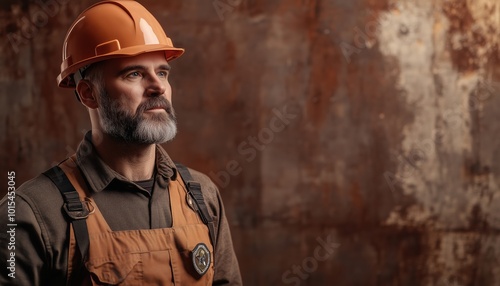 Professional Engineer Wearing A Hard Hat And Badge Against A Brown Background. The Engineer Is Equipped With Necessary Safety Gear. photo