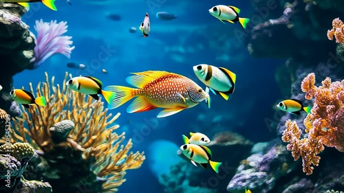 Colorful fish swim around a coral reef in a tropical ocean