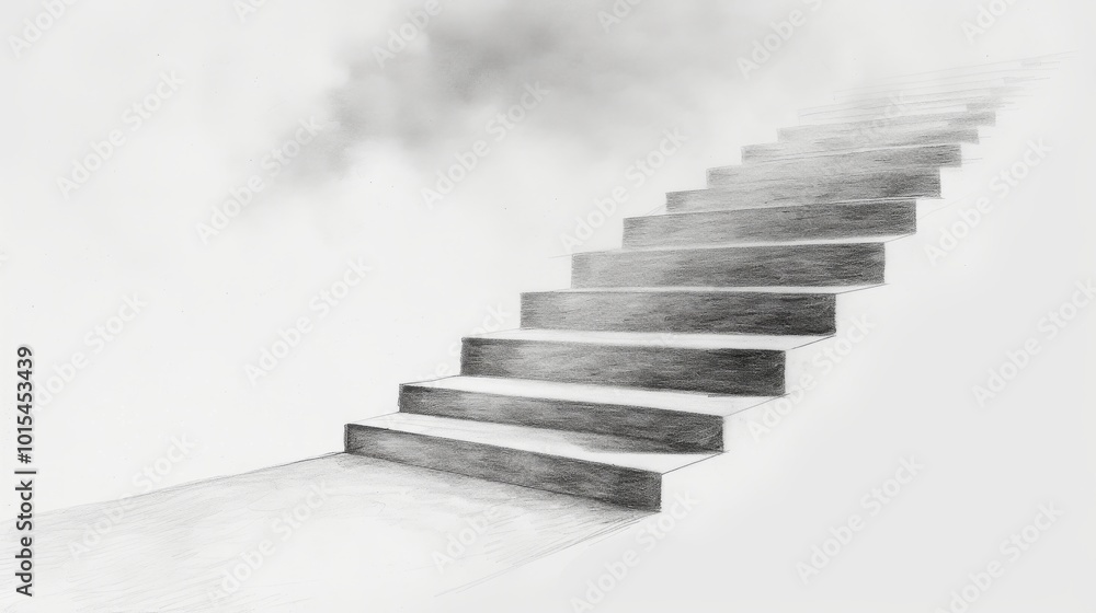 A sketch of a stairway disappearing into the mist and clouds, evoking a sense of mystery and infinite possibilities. The black and white tones add to the ethereal, dreamlike quality of the image. A sketch of a stairway disappearing into the mist and clouds, evoking a sense of mystery and infinite possibilities. The black and white tones add to the ethereal, dreamlike quality of the image.