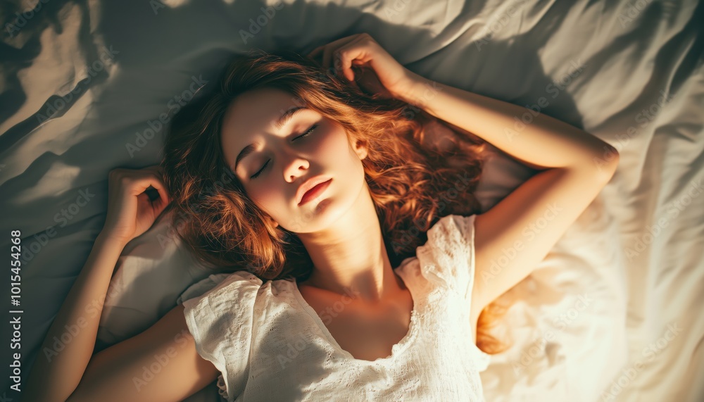 Fototapeta premium Gorgeous Young Woman Asleep In Bedroom At Night, Captured From Above View.