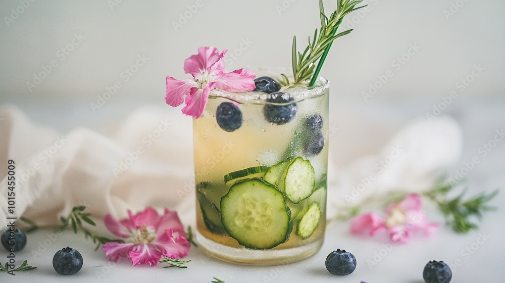 Table with glass containing cucumber, blueberries, and rosemary garnish Table with glass containing cucumber, blueberries, and rosemary garnish